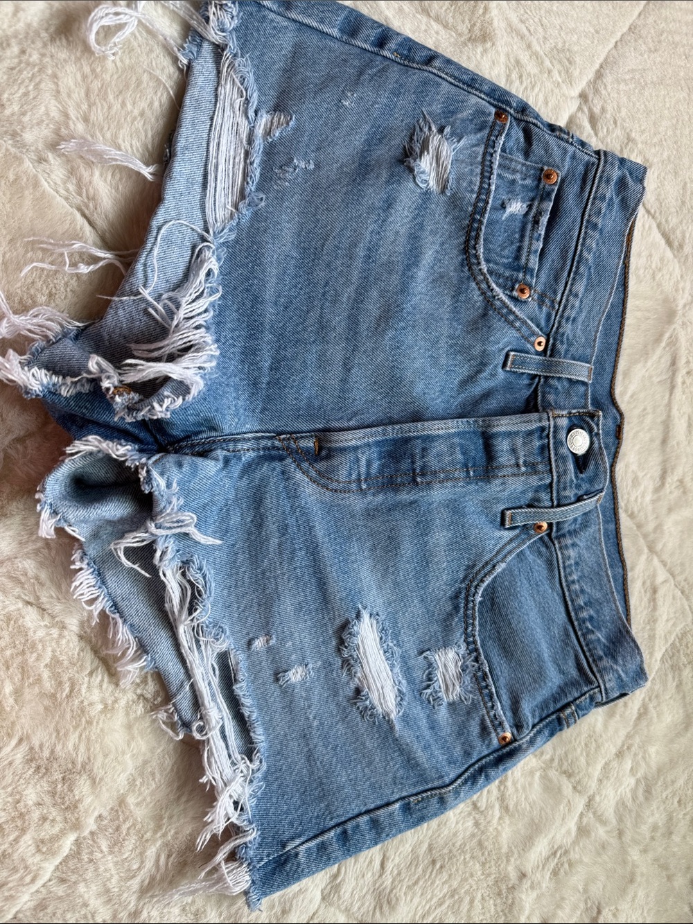 LEVI Distressed High-Waist Denim Shorts - Light Blue - Picture 1 of 2